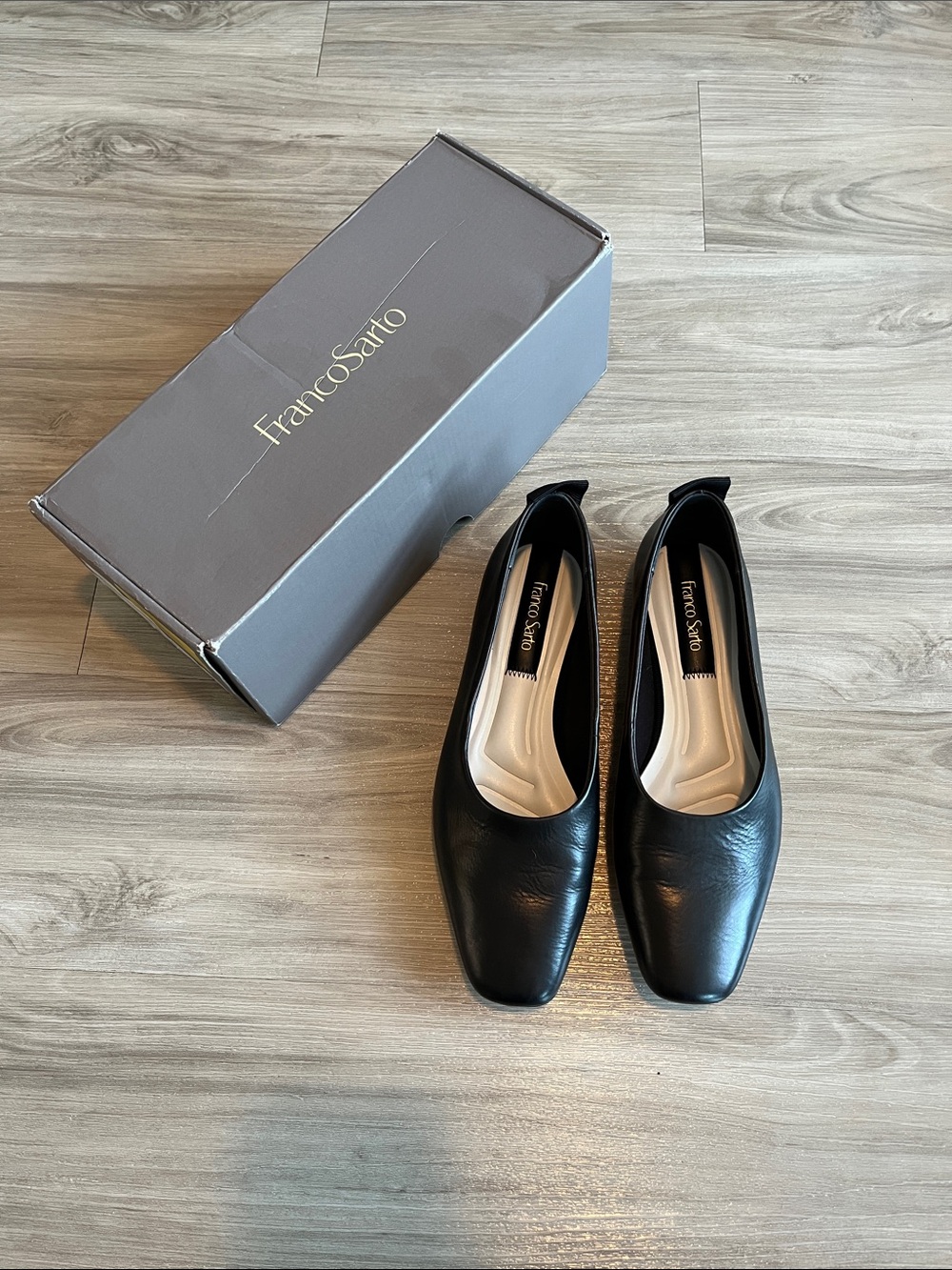 Franco Sarto Black Leather Square-Toe Ballet Flats